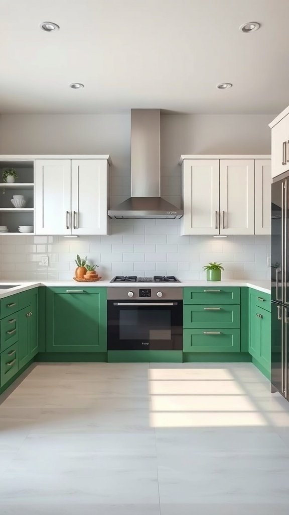 A modern kitchen featuring two-toned cabinets with green lower cabinets and white upper cabinets, showcasing a sleek design with plants and appliances.