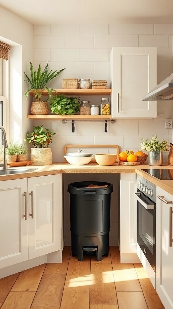 A cozy kitchen with a compost bin in the corner, surrounded by plants and natural light.