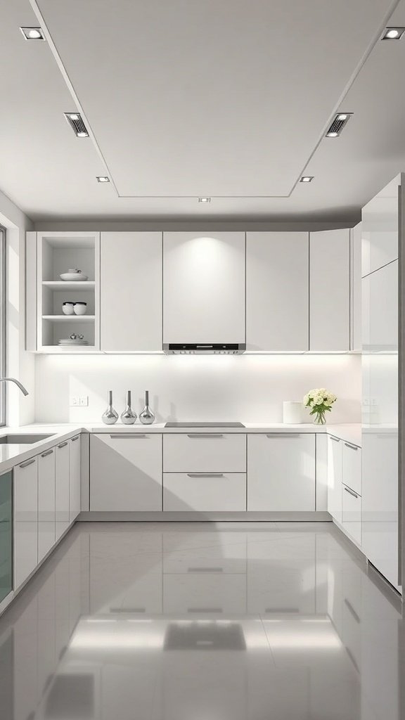 A modern kitchen with white cabinets and a polished floor.