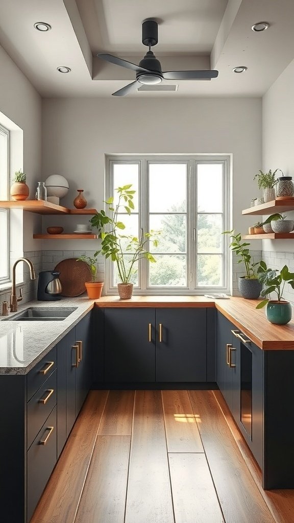 A modern kitchen featuring dark cabinets, a wooden countertop, and plants by the window.