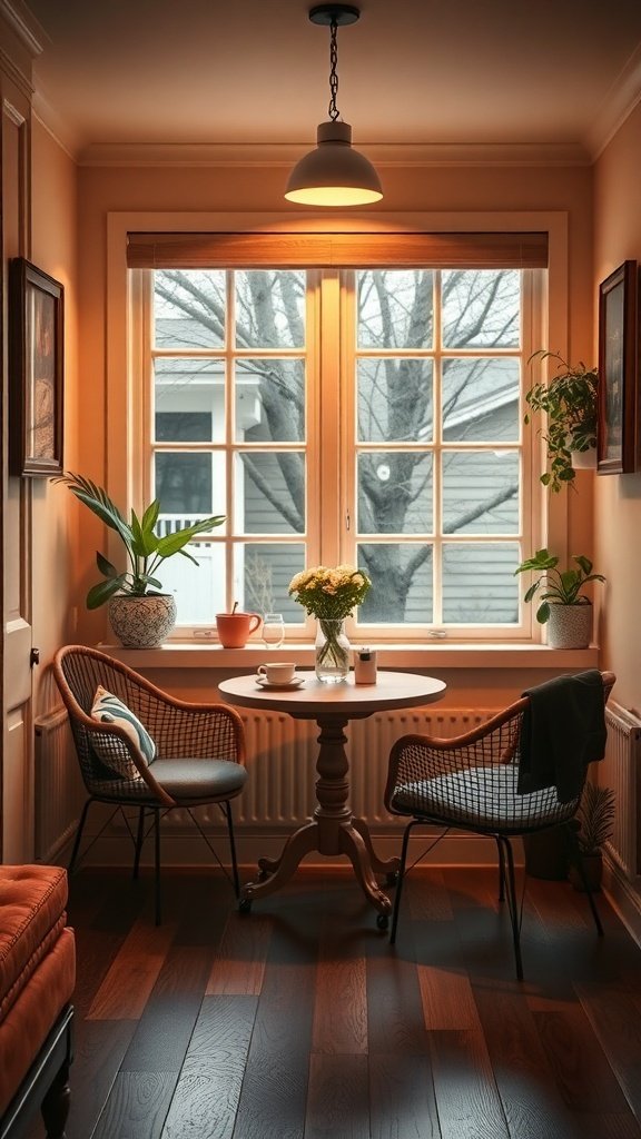 A cozy breakfast nook with a small table, two chairs, and plants by the window.