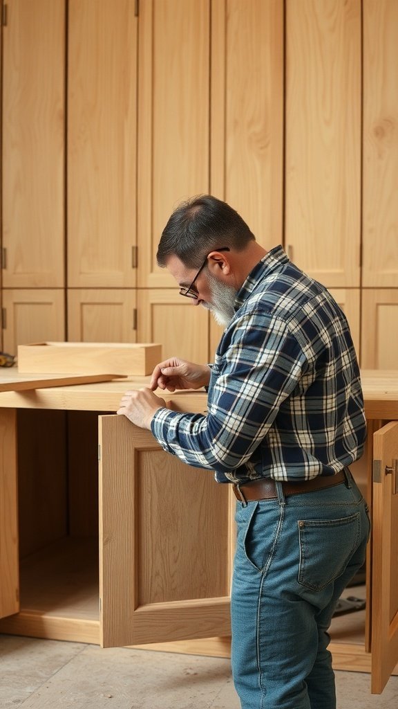 A craftsman working on white oak kitchen cabinetry, showcasing attention to detail and craftsmanship.
