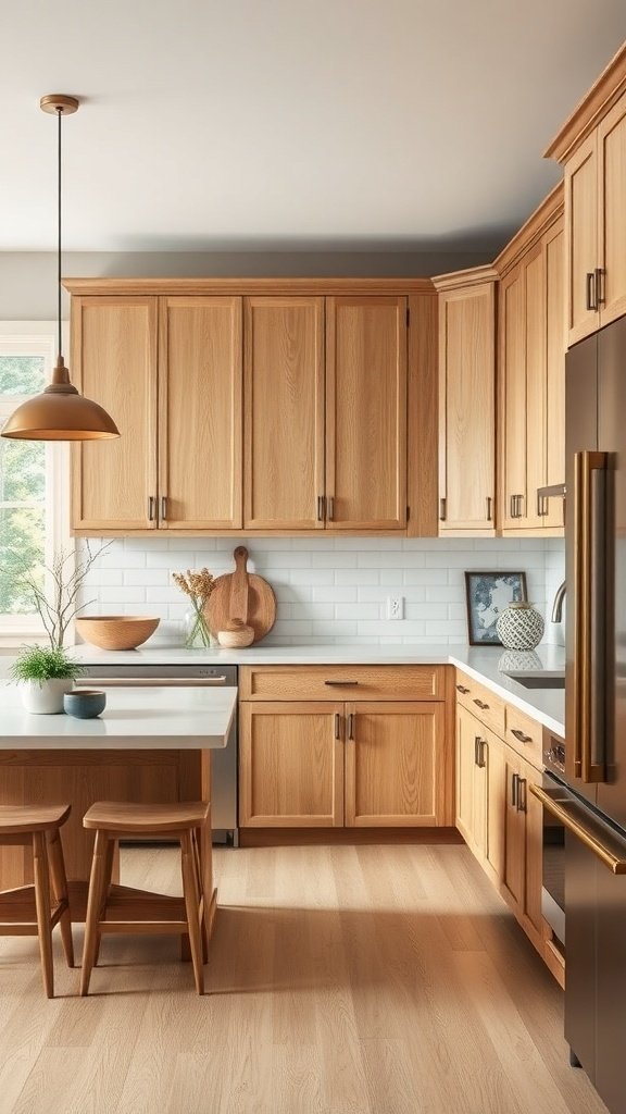 A modern kitchen featuring white oak cabinets, light countertops, and wooden bar stools.