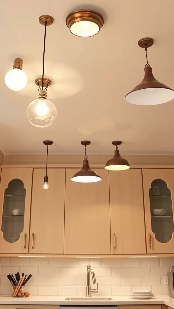 A beige kitchen with various light fixtures, including pendant lights and a flush mount, creating a warm and inviting atmosphere.