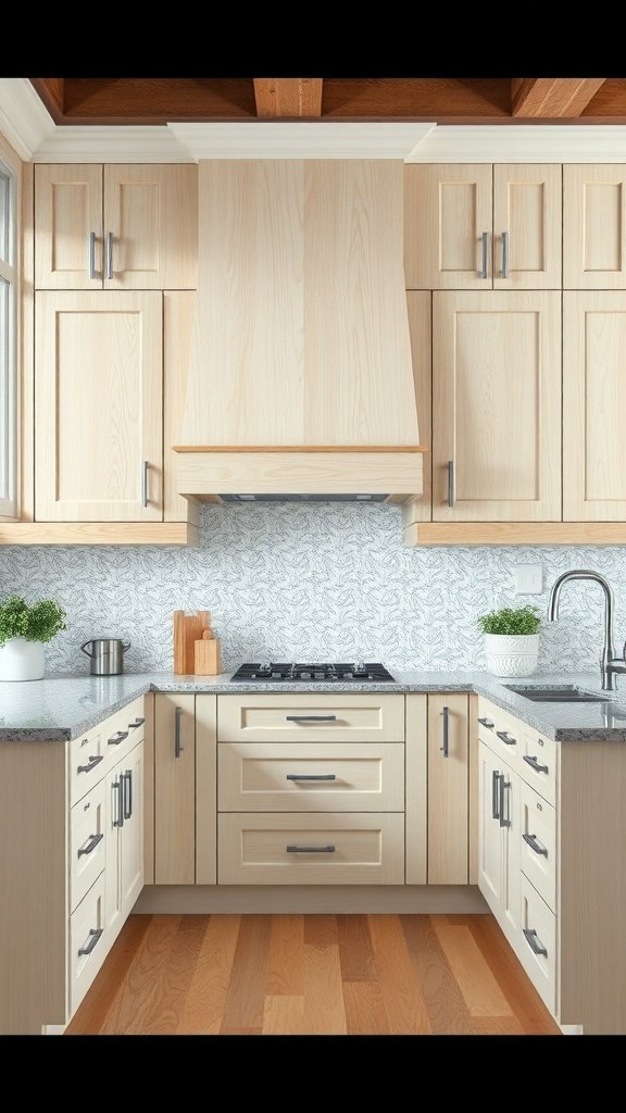 Modern kitchen with white oak cabinets, granite countertops, and a stylish backsplash.