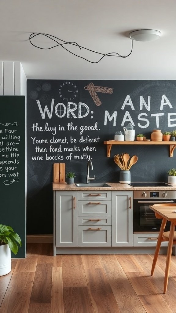 A modern kitchen featuring a chalkboard wall with playful text and light cabinetry.
