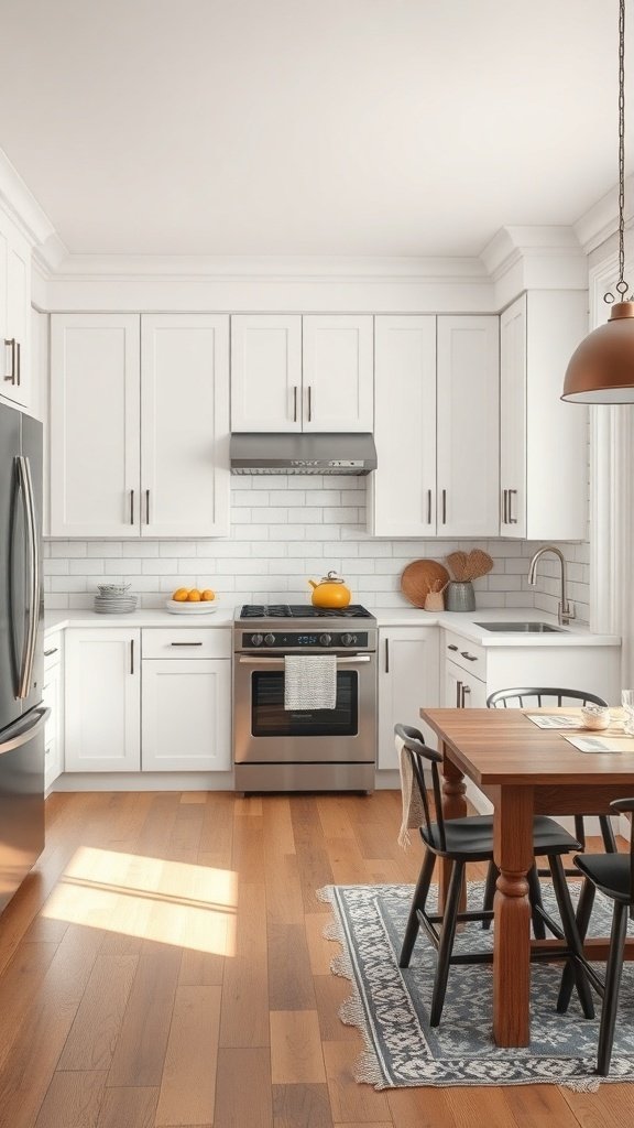 A bright kitchen featuring white cabinets, a wooden dining table, and modern appliances.