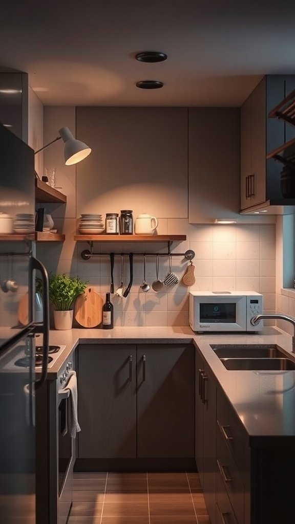 A small, modern kitchen with efficient lighting, featuring overhead lights and a stylish lamp.