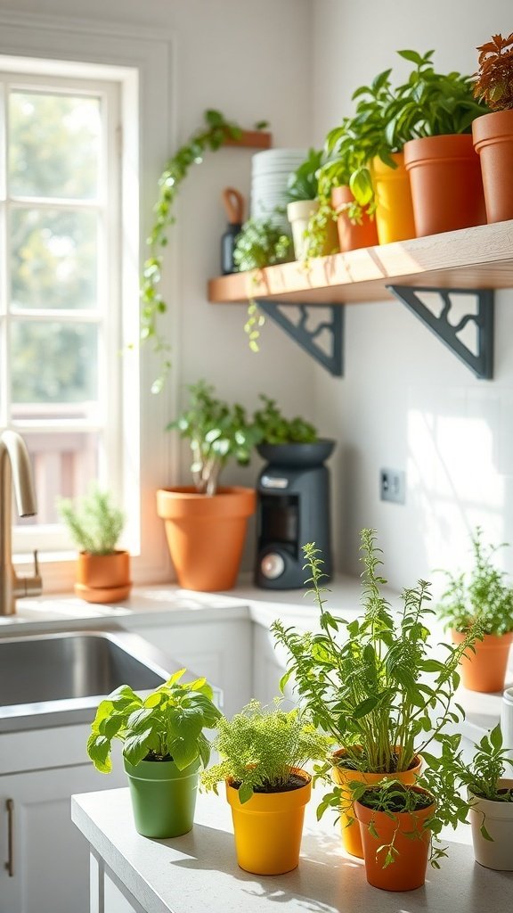 A bright kitchen filled with various indoor plants and herb planters, showcasing a lively and inviting atmosphere.