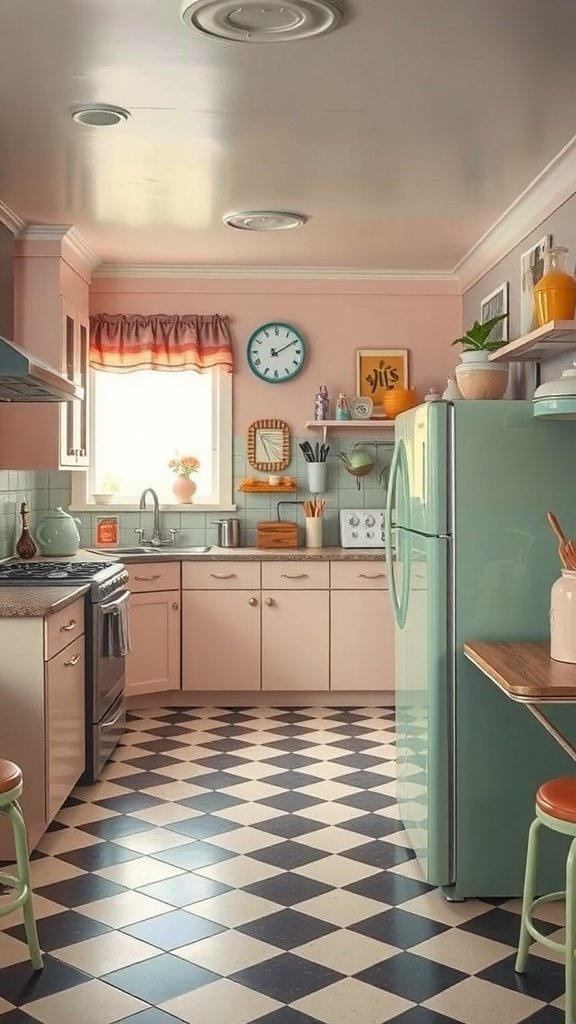 A vintage-inspired kitchen with pink cabinets, a mint green refrigerator, and a checkerboard floor.