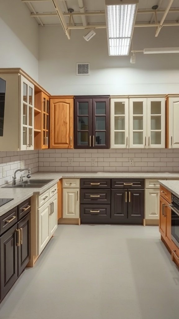 A display of kitchen cabinets in various styles and colors, showcasing a mix of wood tones and finishes.