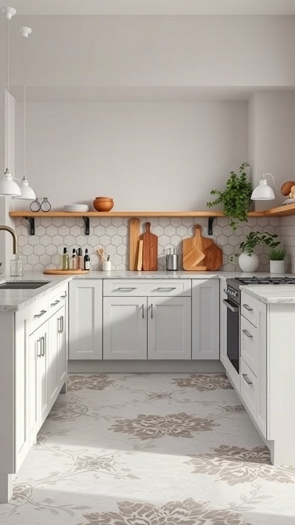A modern kitchen featuring white cabinets, a patterned floor, and wooden accents.