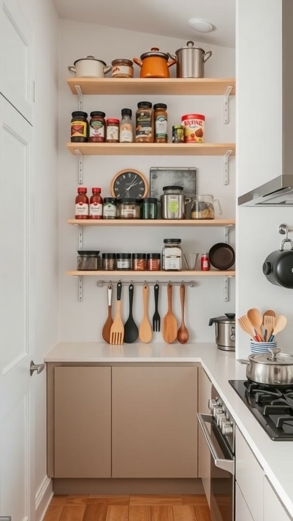 A small kitchen corner featuring open shelves with jars, spices, and pots, along with hanging utensils.