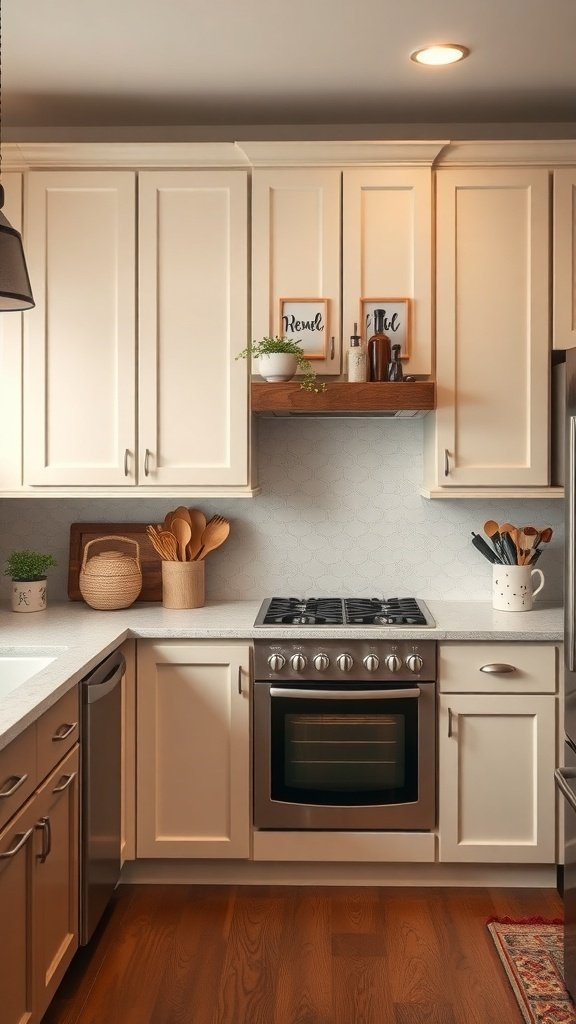 A cozy kitchen featuring two-tone cabinets with light upper cabinets and dark lower cabinets, complemented by wooden shelves and decorative kitchenware.