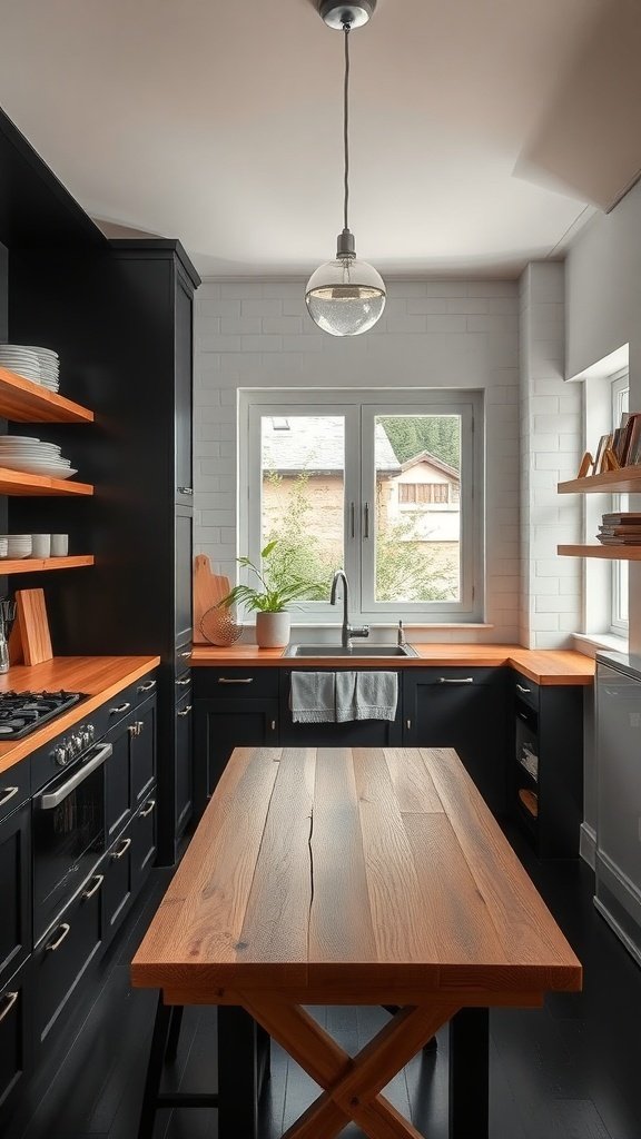 A modern kitchen featuring black cabinets and warm wood elements, including a wooden table and countertops.