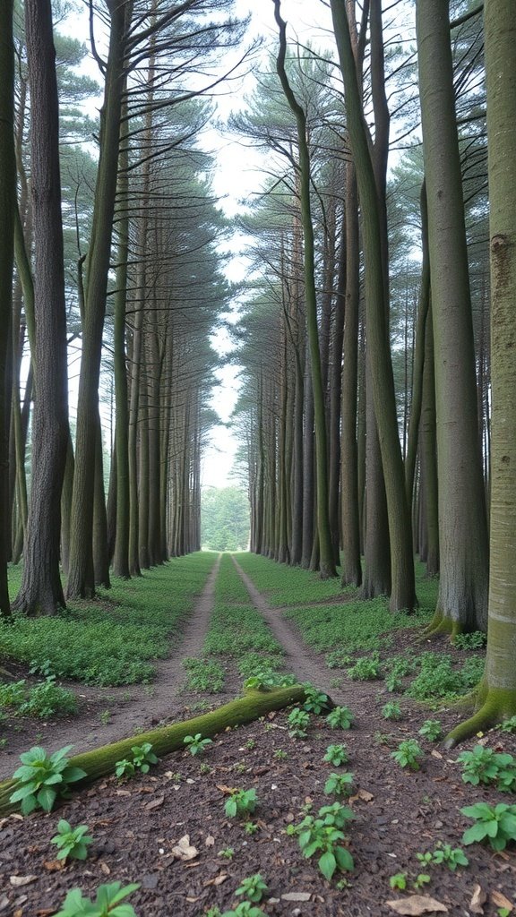 A serene forest with tall trees and a clear path, representing sustainability and natural resources.