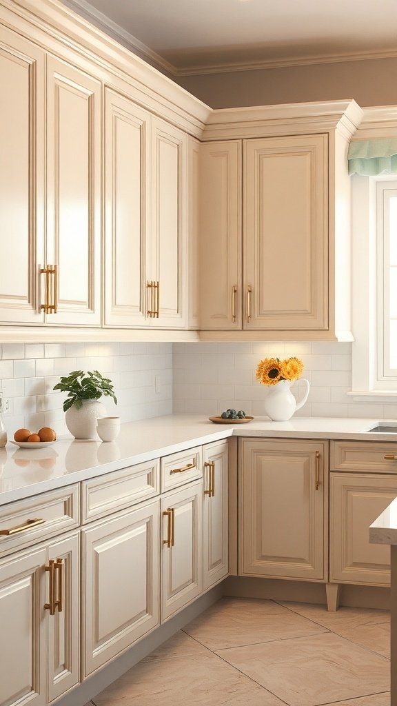 A beige kitchen with elegant cabinets and gold hardware, featuring a bright window and decorative elements.