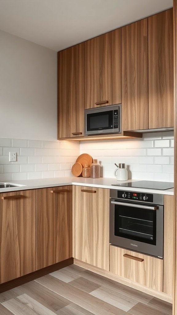A small kitchen featuring built-in appliances, including a microwave and oven, with wooden cabinetry and a clean countertop.