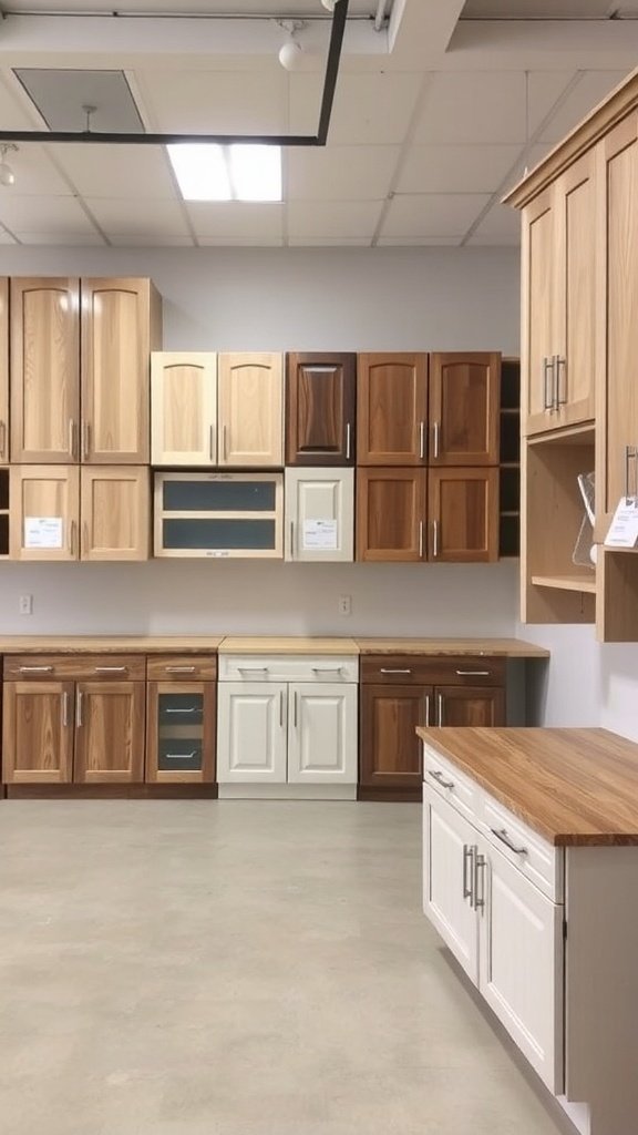 A display of various cabinet styles and finishes for kitchen remodeling.