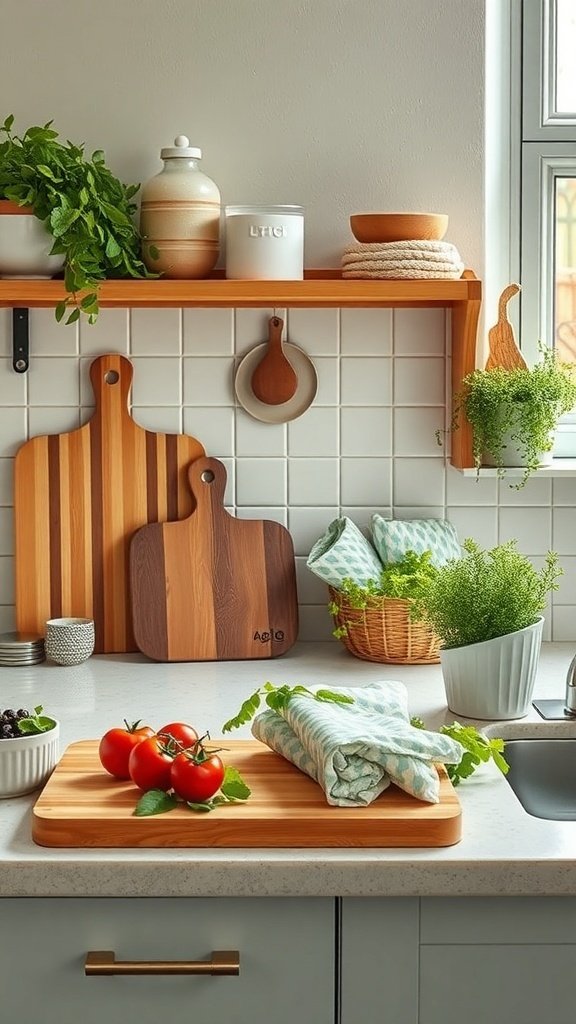 A bright kitchen with wooden cutting boards, fresh herbs, and tomatoes on a countertop.