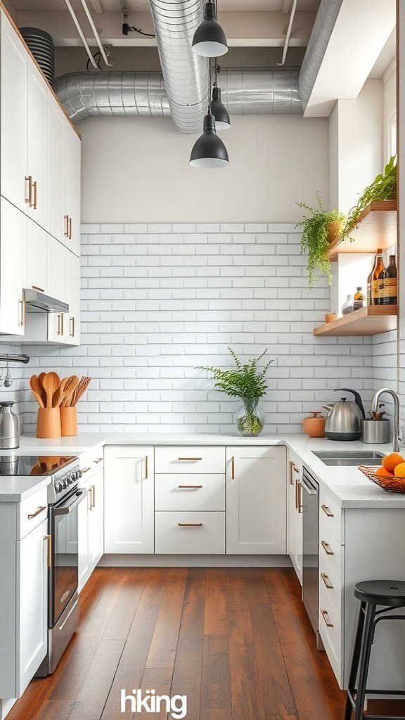 A modern kitchen featuring white cabinets, wooden floors, and industrial elements.
