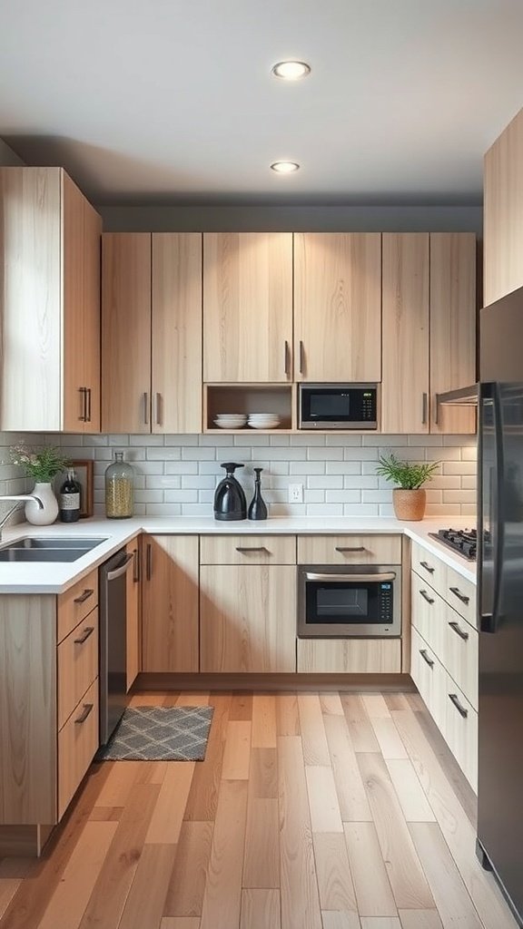 Modern kitchen featuring white oak cabinets, stainless steel appliances, and a minimalist design.