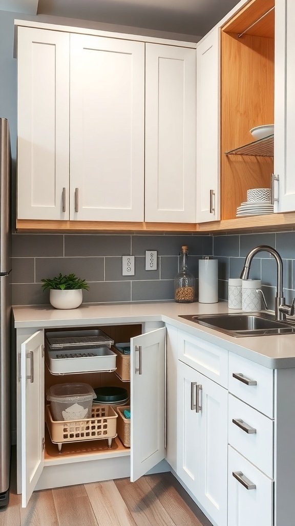 A small kitchen with organized cabinets and pull-out drawers for storage.