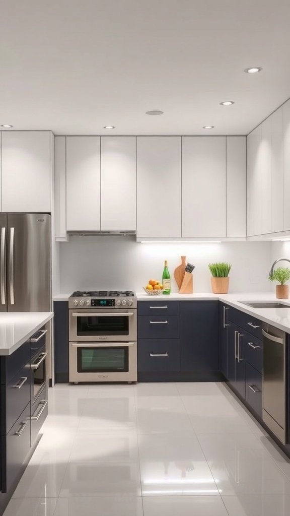 A modern kitchen featuring energy-efficient appliances and fixtures, with a sleek design and bright lighting.