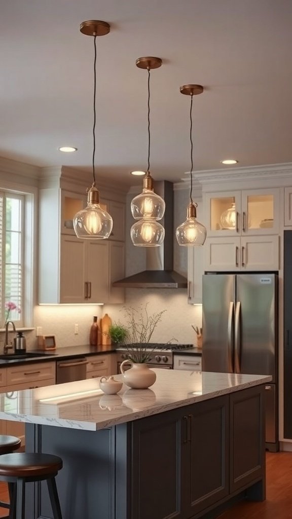 A cozy cottage kitchen featuring three pendant lights above an island, with warm tones and a welcoming atmosphere.