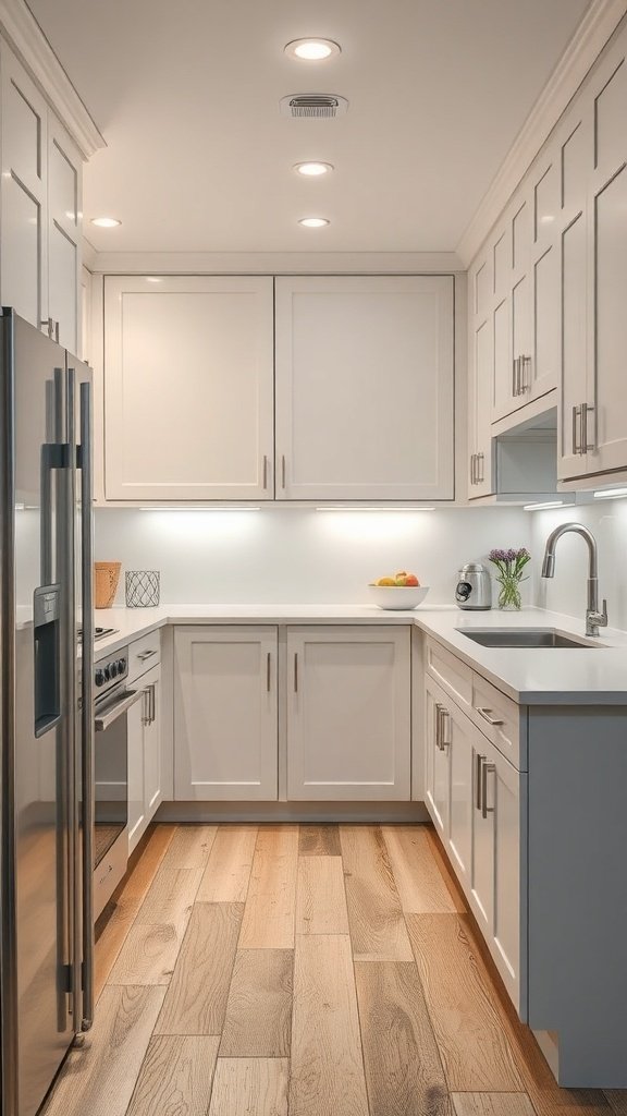 A modern kitchen featuring white cabinets, a stainless steel refrigerator, and wooden flooring.