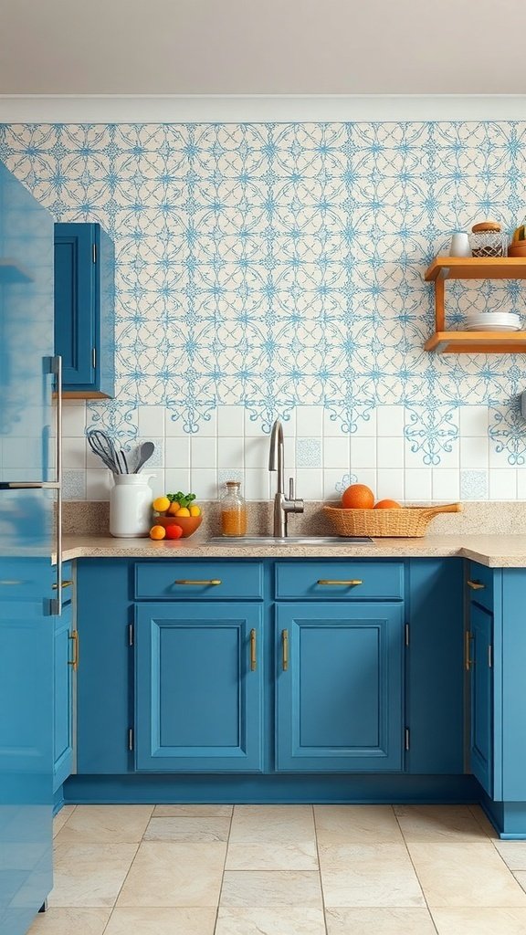 A kitchen with blue cabinets and patterned wallpaper, showcasing a stylish design.
