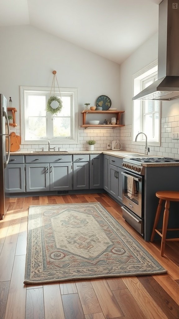 A cozy kitchen featuring a patterned rug on wooden flooring, with gray cabinets and natural light.