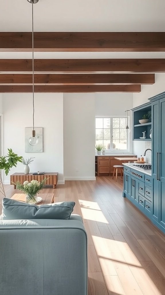 A bright open concept kitchen with blue cabinets, wooden beams, and light wood floors.