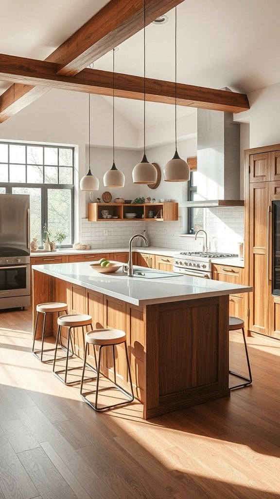 A modern kitchen featuring a multi-functional kitchen island with wooden accents and bar stools.