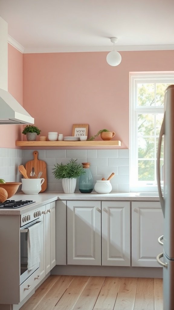 A modern kitchen with light pink walls and white cabinets, showcasing eco-friendly design.