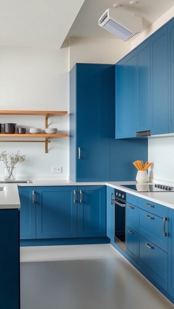 A minimalist kitchen featuring blue cabinets, white countertops, and open shelving.