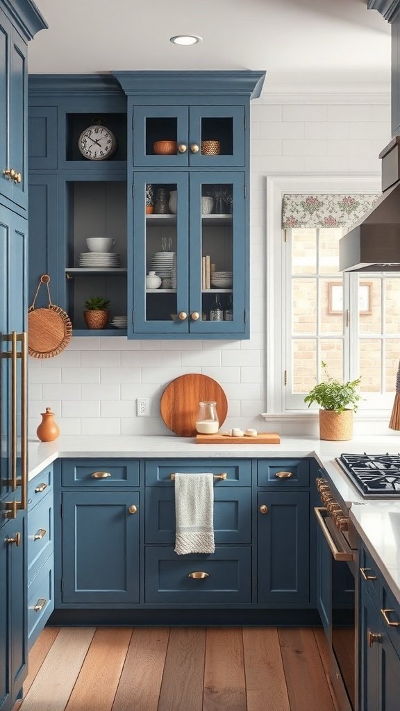 A stylish kitchen featuring blue cabinets, white countertops, and wooden flooring.