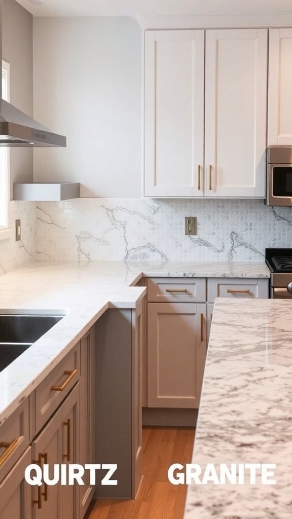 A modern kitchen featuring quartz and granite countertops, showcasing their unique designs.