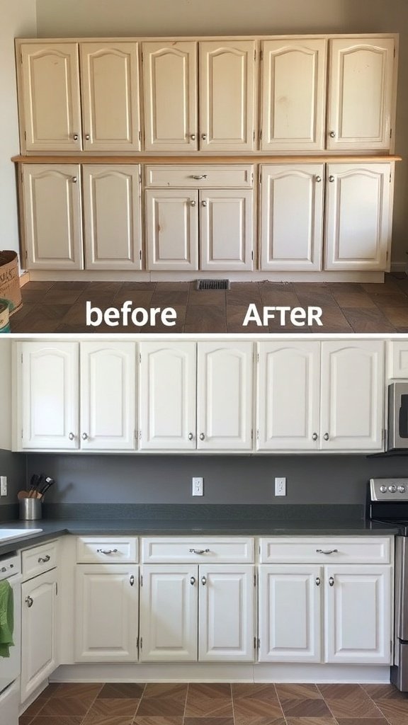 Before and after image of kitchen cabinets showing a transformation from old to newly refinished.