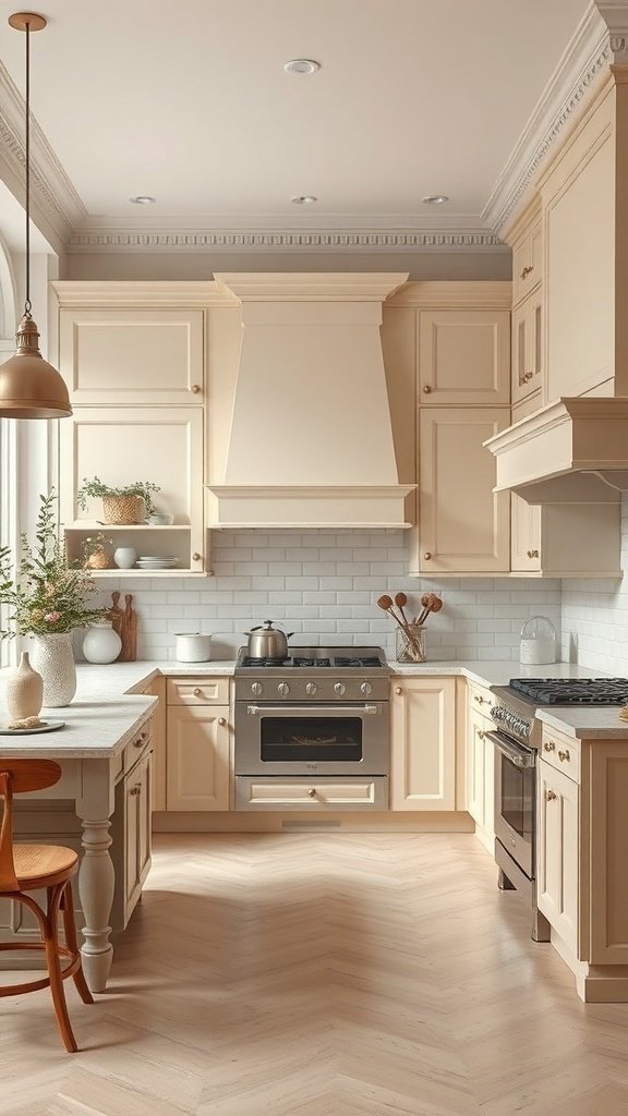 A beautifully designed beige kitchen featuring classic cabinetry, light countertops, and herringbone flooring.