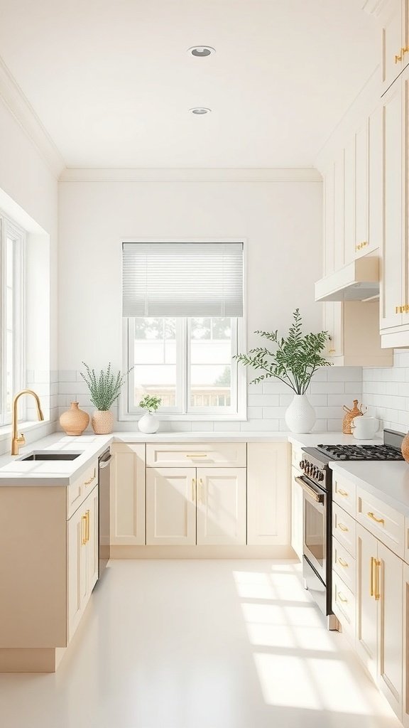 A bright kitchen with soft cream cabinets, gold hardware, and natural light.