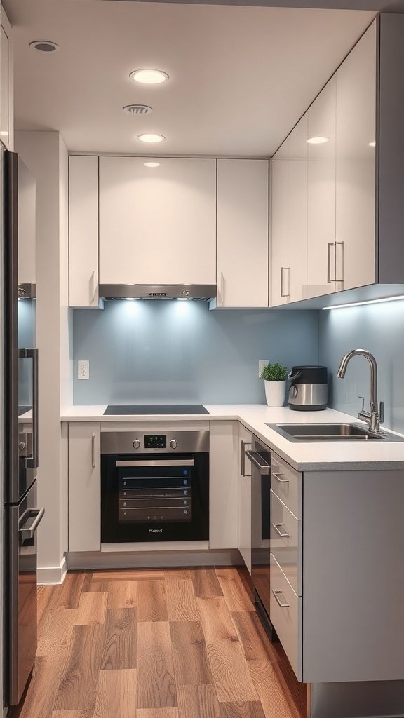 A modern small kitchen with sleek appliances and efficient lighting.