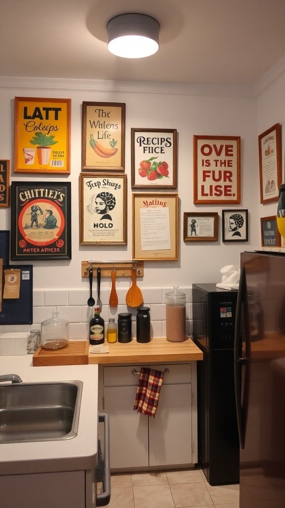 A small kitchen with a wall decorated with various framed art pieces, including food-related quotes and illustrations.