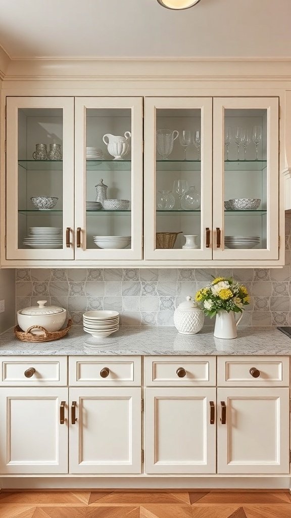 A kitchen with glass-front cabinets displaying dishes and glassware, featuring a marble countertop and light wood flooring.
