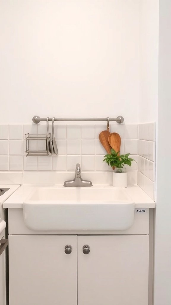 A small kitchen sink area with a dish drying setup, featuring a wall-mounted bar for utensils and a small plant.