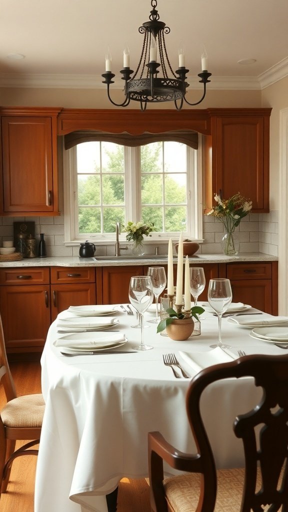 A cozy dining setup featuring a round table with a white tablecloth, elegant glassware, and a candle centerpiece in a warm kitchen.