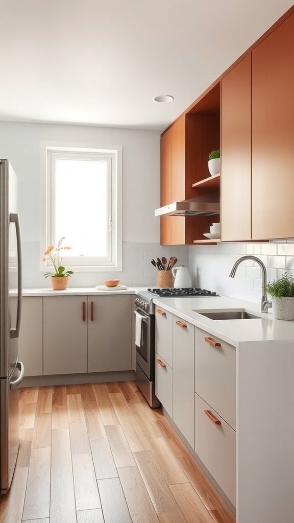 A small kitchen featuring two-tone cabinets in warm wood and soft gray, with modern fixtures and natural decor.