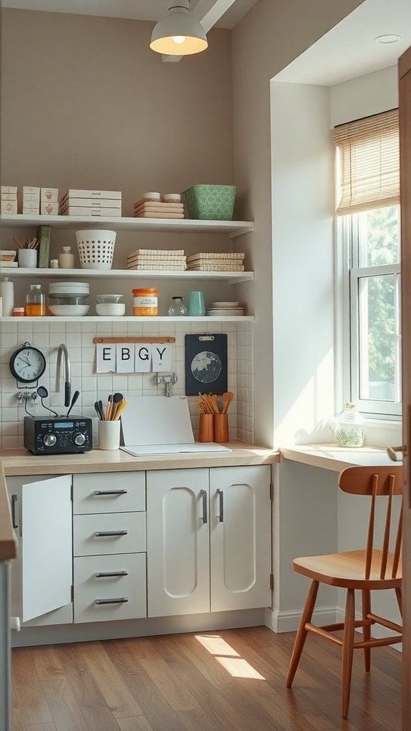 A functional mid-century modern kitchen workspace with light wood countertops, white cabinets, and open shelving.