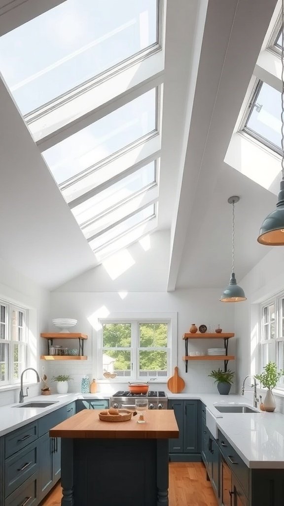 A modern farmhouse kitchen featuring skylights that allow natural light to brighten the space.