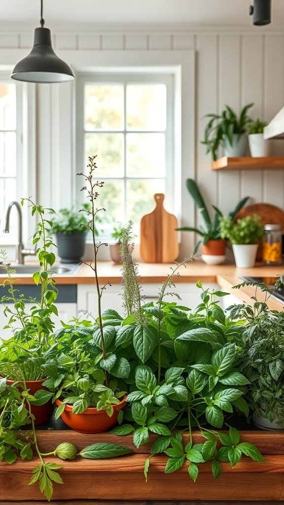 A modern farmhouse kitchen with a vibrant herb garden on the countertop, featuring various fresh herbs in pots.